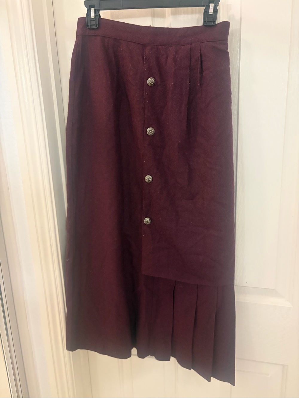 Neiman Marcus Burgundy Button-Front Midi Skirt with Pleated Panel
